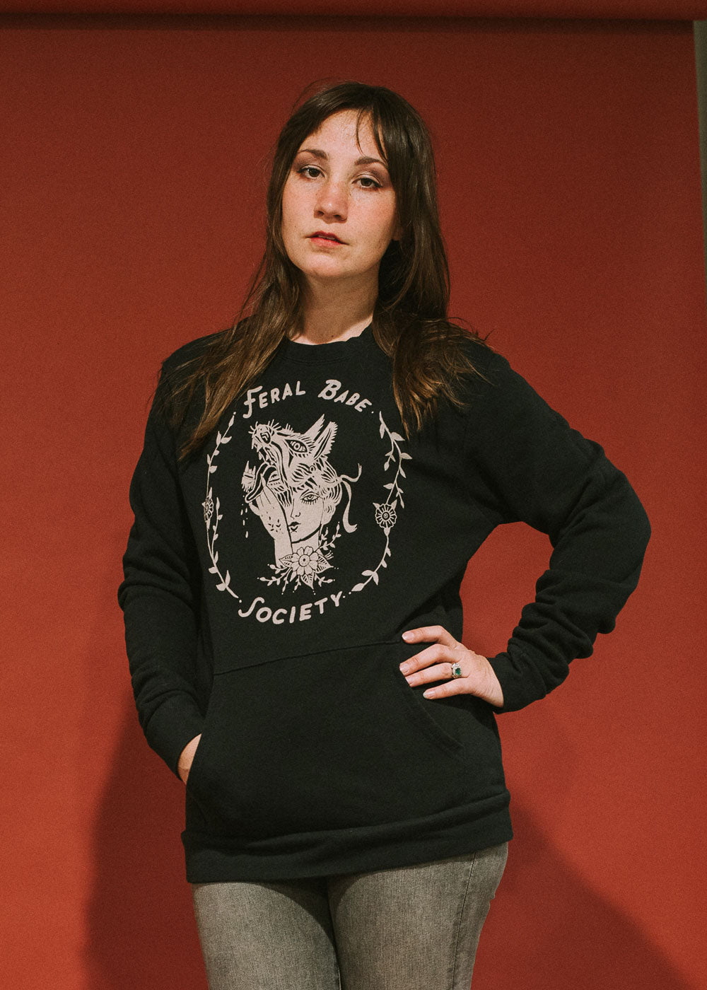 Feral Babe Society - Vintaged Kangaroo Pocket Unisex Sweatshirt